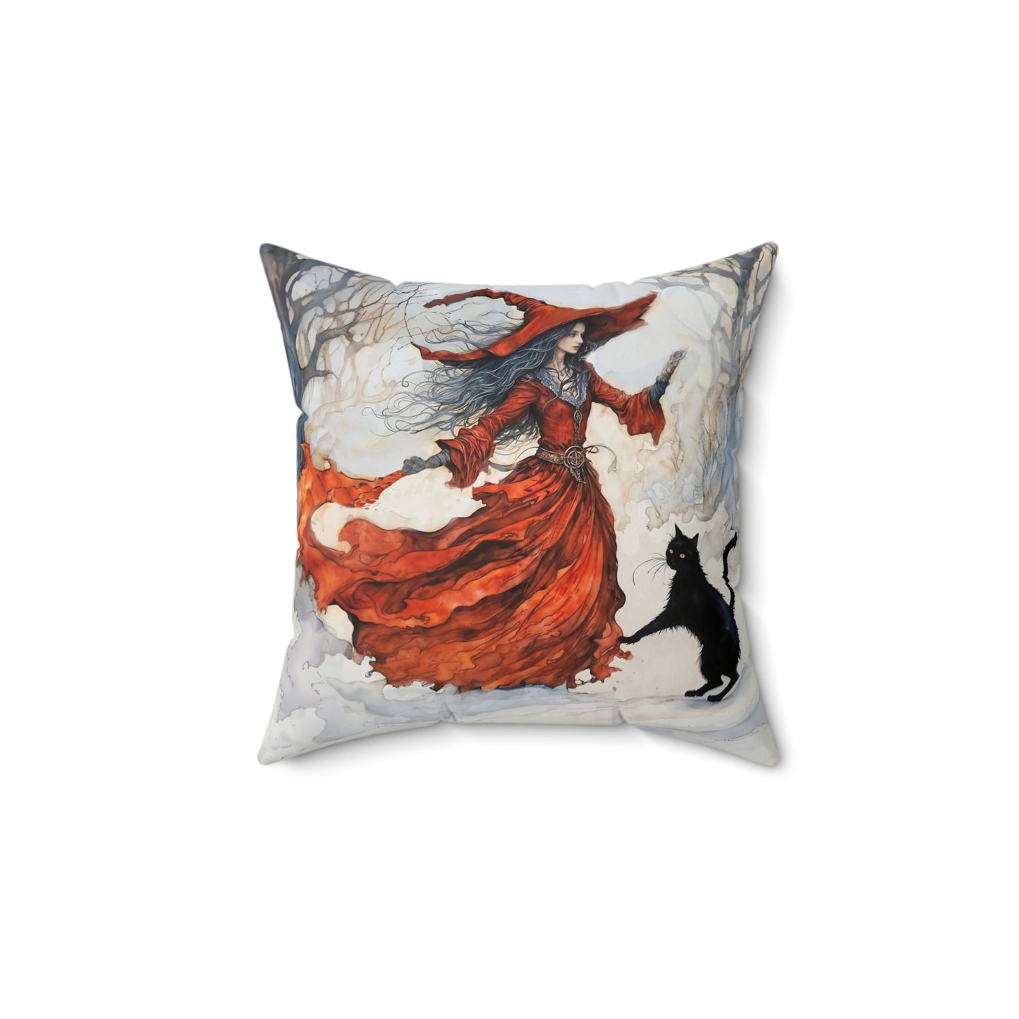 Crimson snow witch with black cat pillow  Square Pillow - by Fairyhill Studio