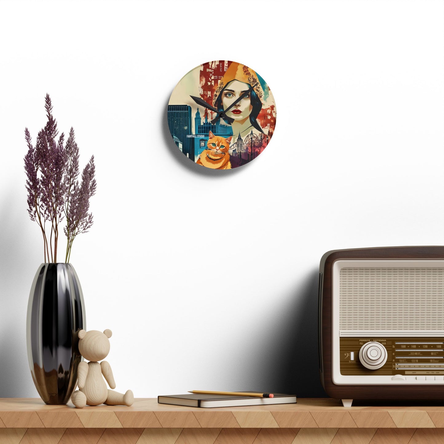 Acrylic Wall Clock - Yellow cat in London /Art