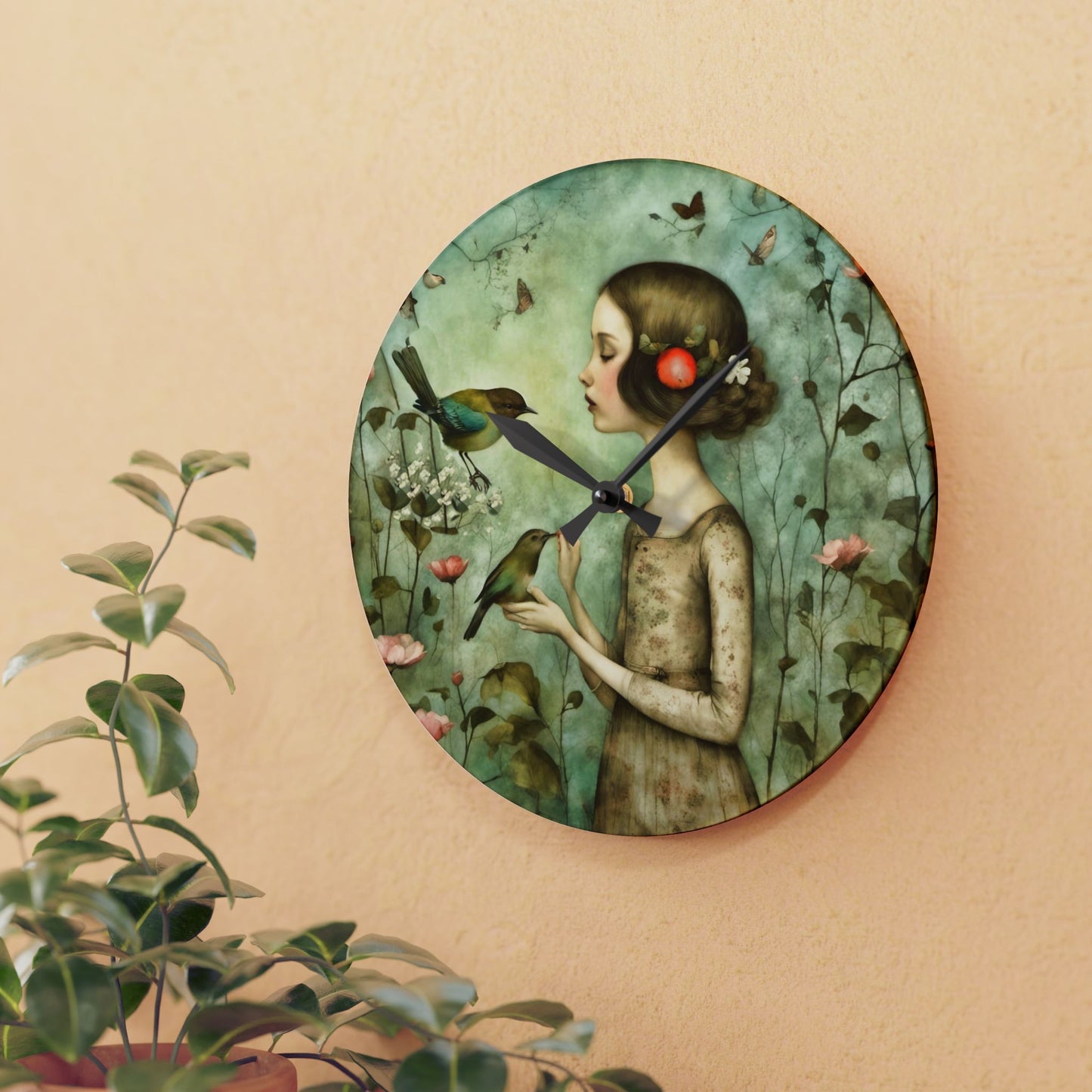 Acrylic Wall Clock - Meditative Girl with Song Birds Artwork