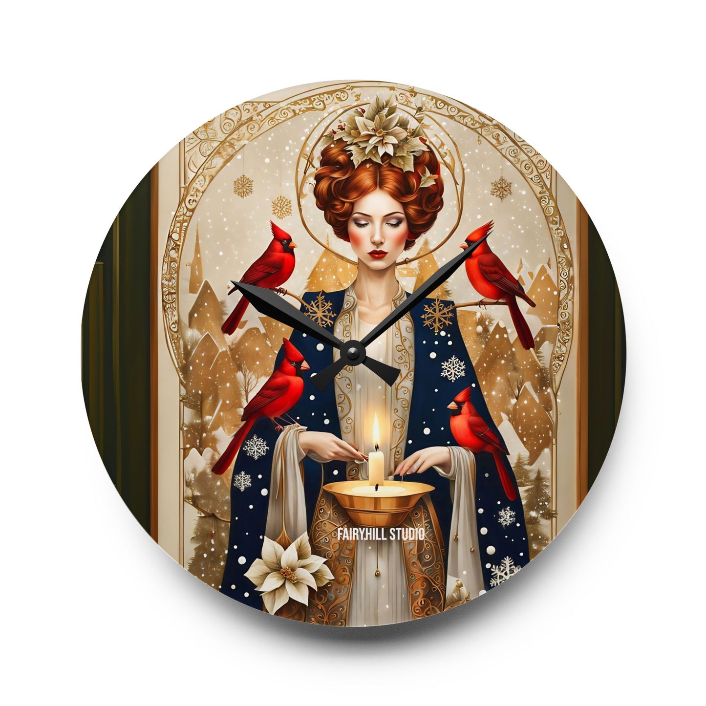 Acrylic Wall Clock - Girl with red Cardinal birds in winter