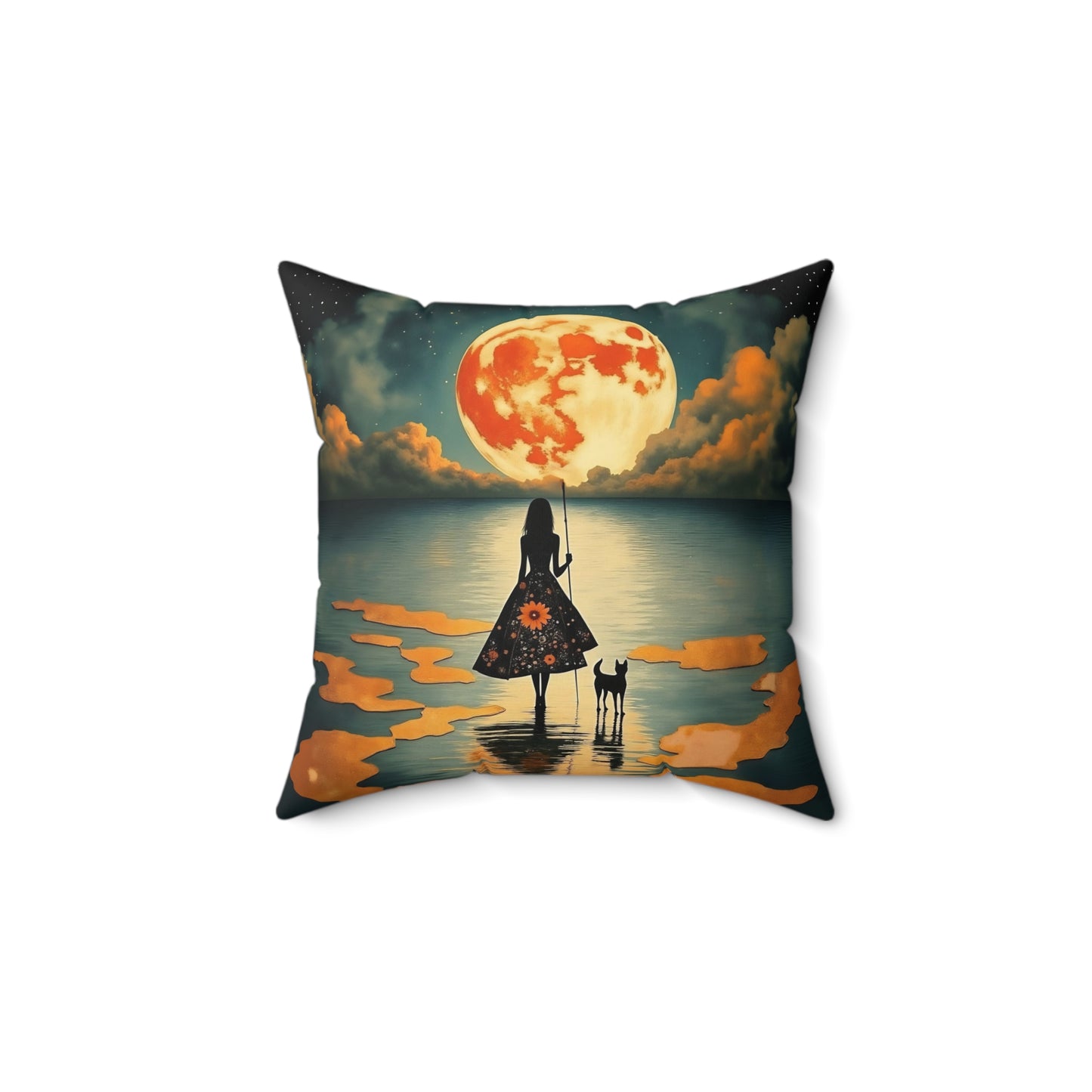 Girl with a fullmoon balloon Square Pillow - by Fairyhill Studio