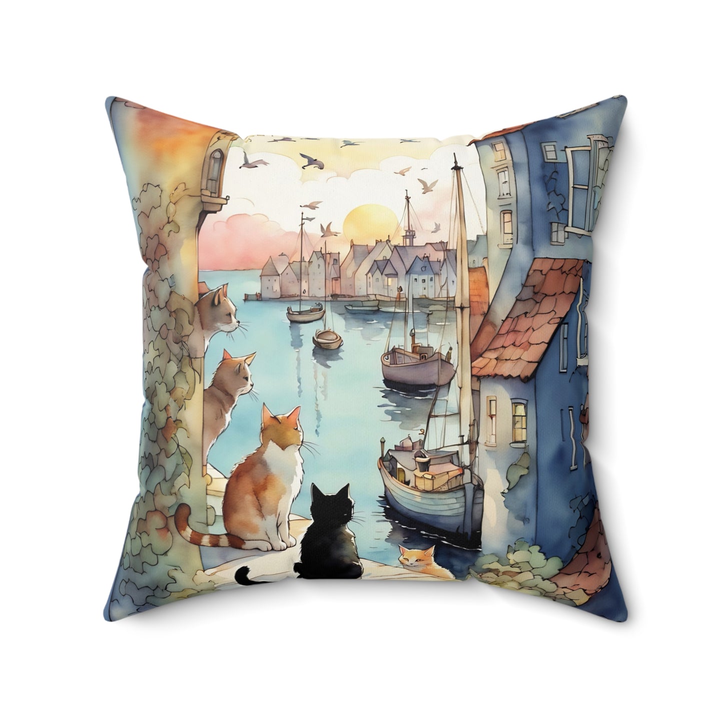 Cats by the Sea Square Pillow - by Fairyhill Studio