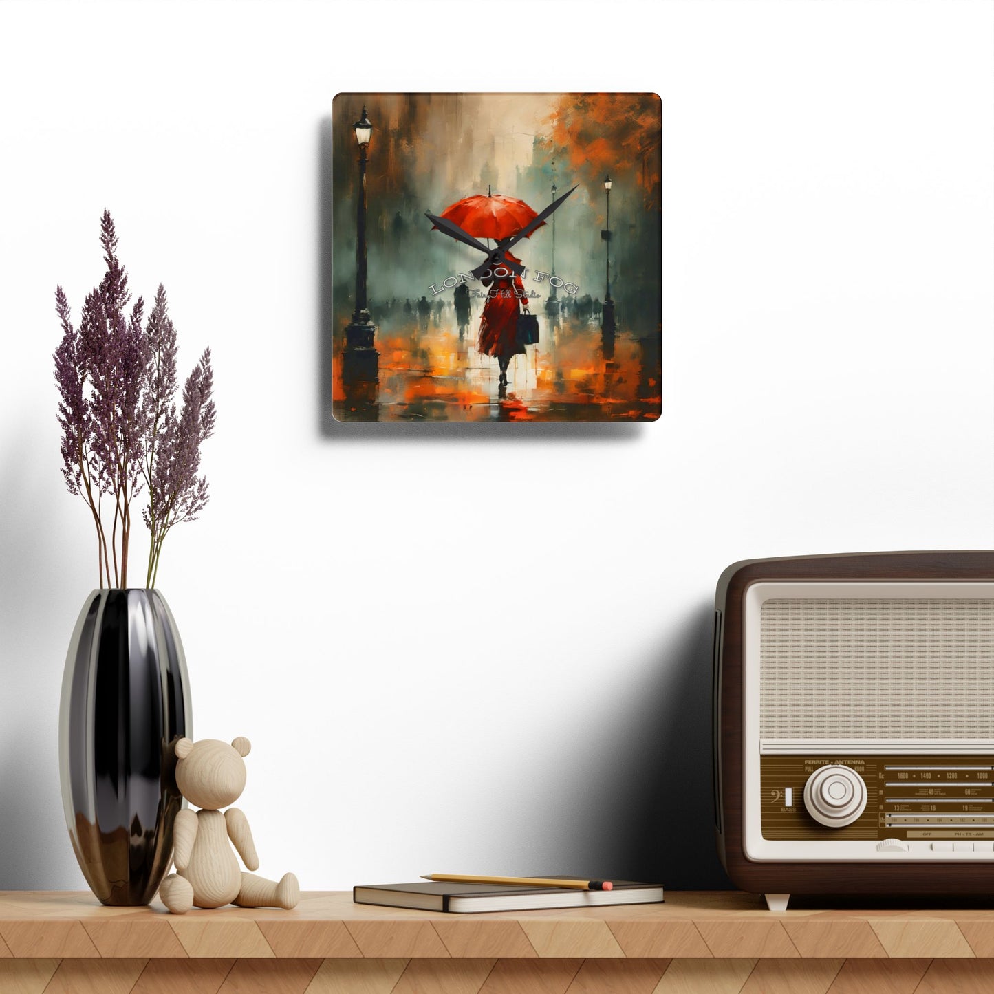 Wall Clock - Elegant Woman in Red Raincoat and Umbrella London Fog Art by Fairyhill Studio
