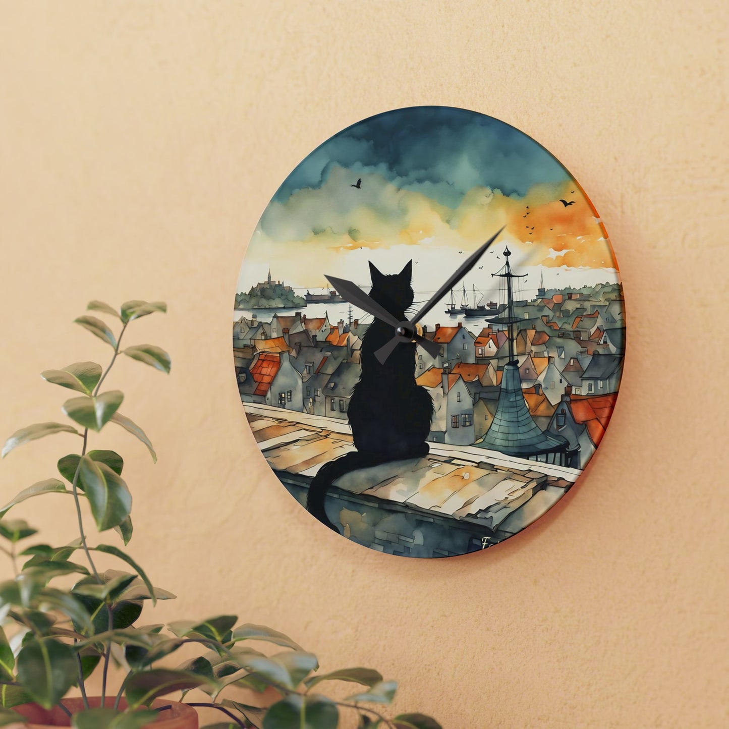 Black Cat on a roof top - by Fairyhill Studio  Wall clock  Gift   Acrylic Wall Clock
