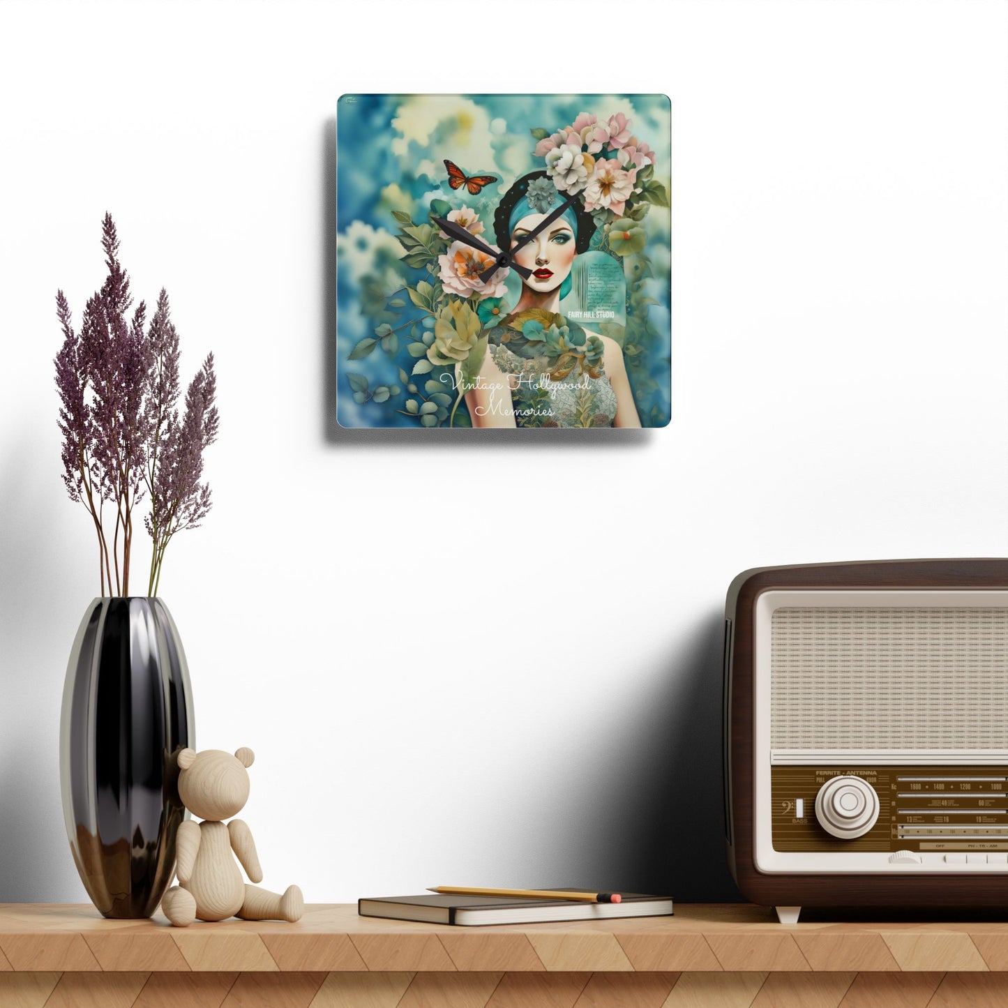 Acrylic Wall Clock - Vintage Hollywood Beauty Collage Art Style with Flowers