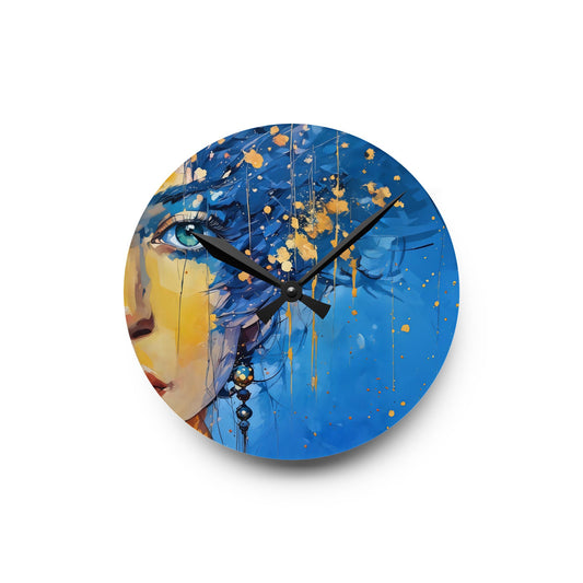 Acrylic Wall Clock Blue and Gold Abstract Woman Art