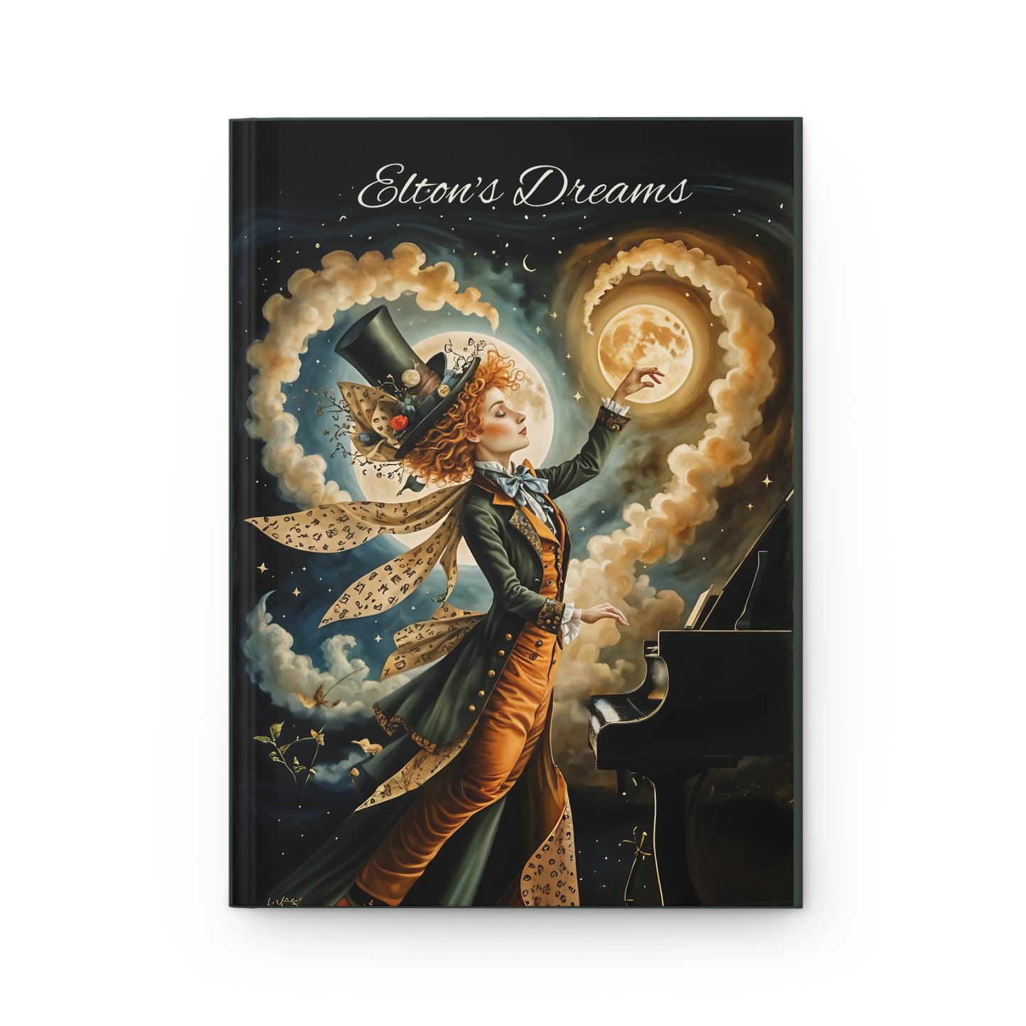 Custom gift Whimsical Hardcover memoir, Pianist,musical moon Mad HatterJournal Matte