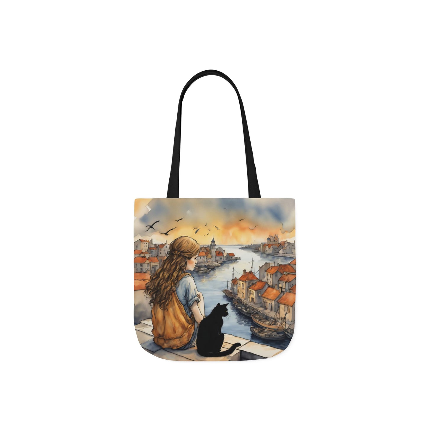 Girl with a Black cat on a roof top FairyHill Studio Red phone- Canvas Tote Bag - Perfect for Beach Days, Eco-Friendly Shopping, and Summer Fun!