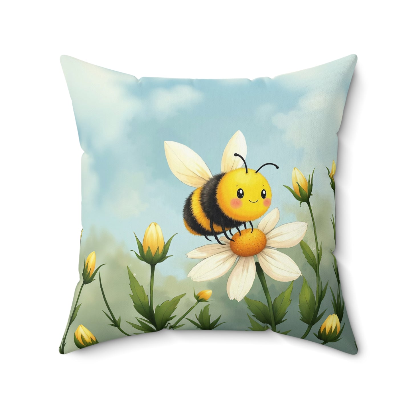 Square Pillow - Cute Honey Bee in Flower Garden by Fairyhill Studio