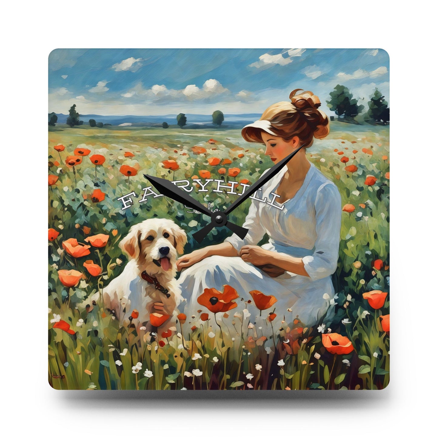 Acrylic Wall Clock - Lady with Dog in Flower Field Art by Fairyhill Studio