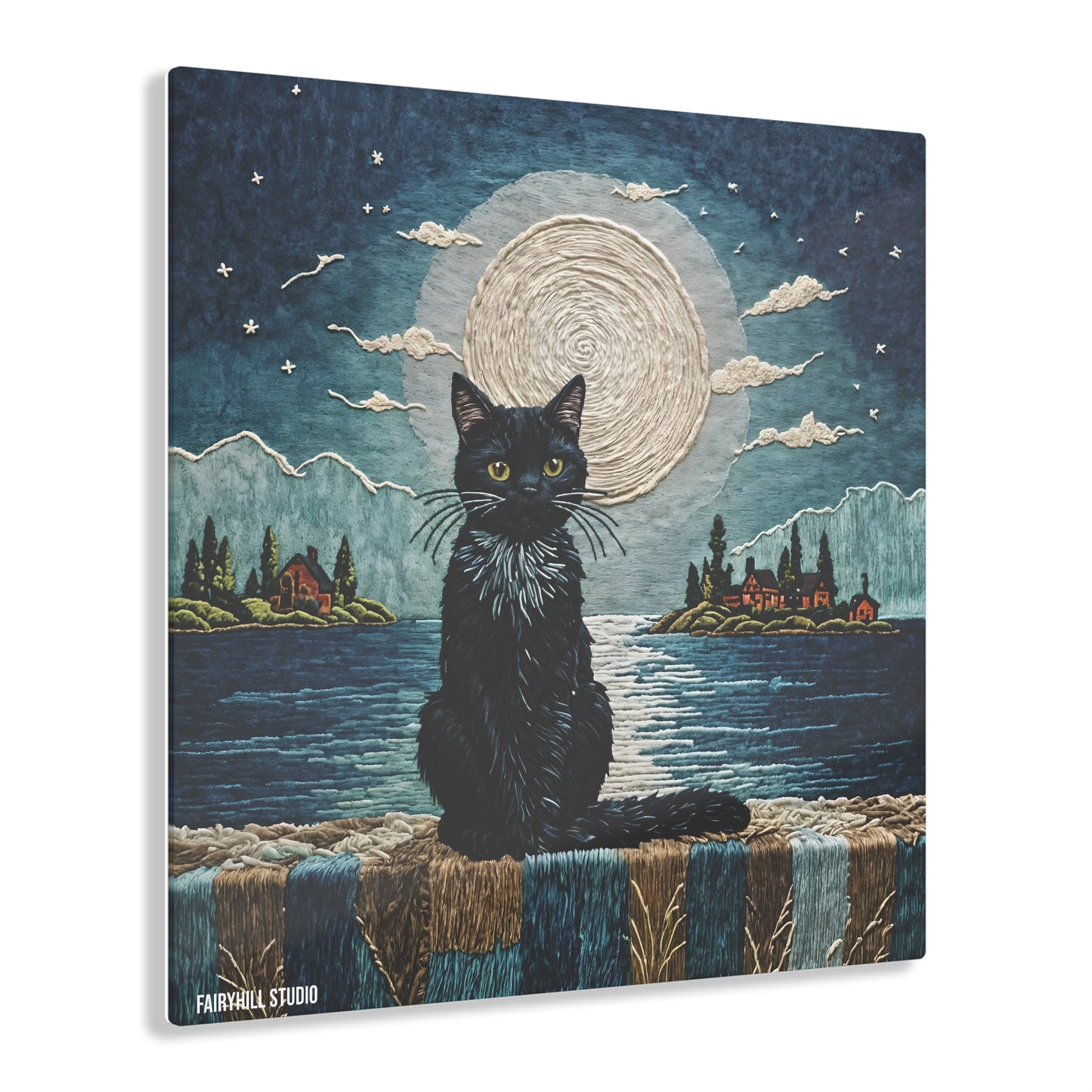 Art Acrylic Prints Black cat by the sea with moonlight art