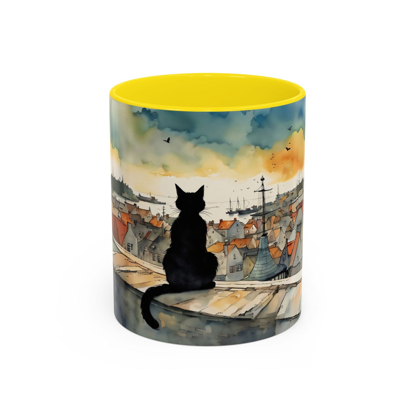 Black cat on a roof top Art-Themed Coffee Mug - 11 & 15oz Accent Mug for Musroom  Fsiry Lovers