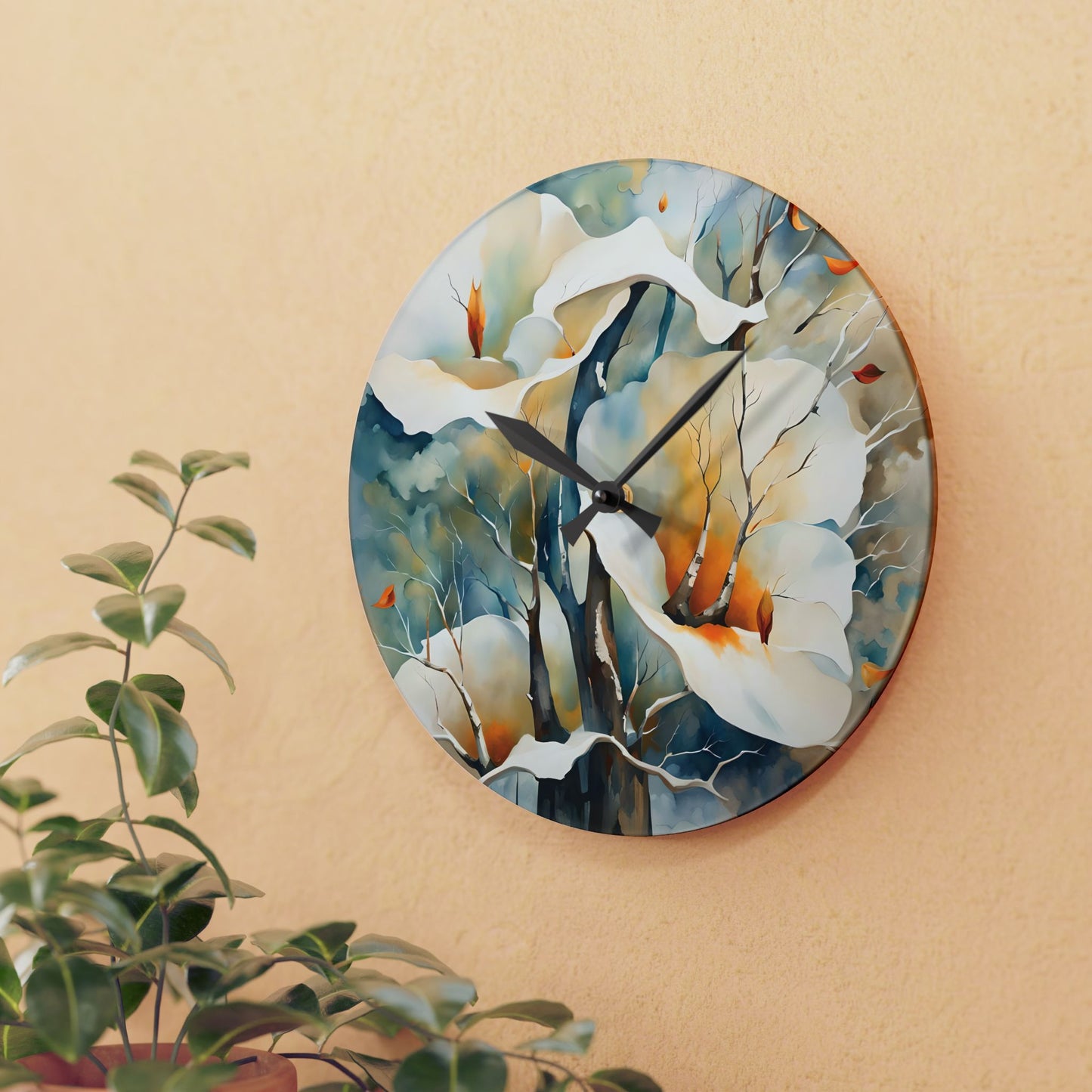 Acrylic Wall Clock - White Calla Lilies Watercolor Art