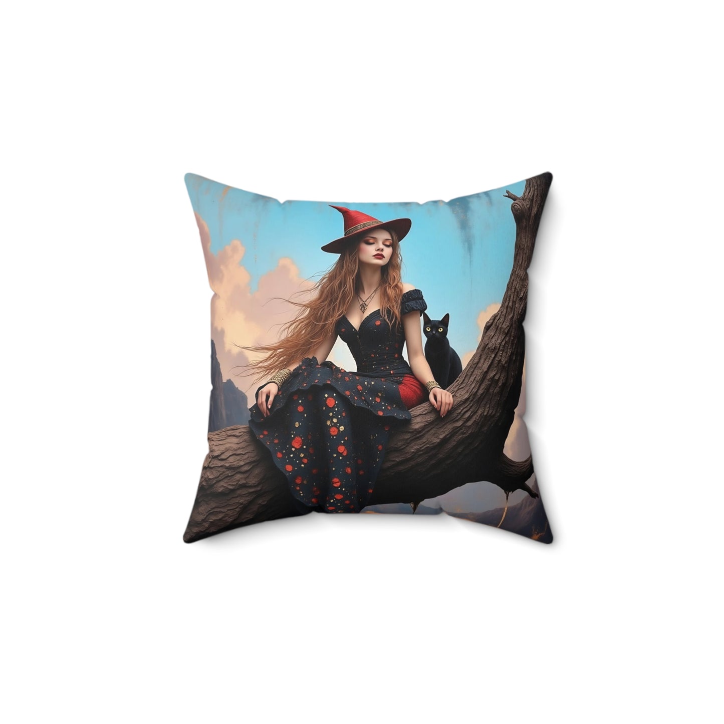 Elegant witch with black cat Square Pillow - by Fairyhill Studio
