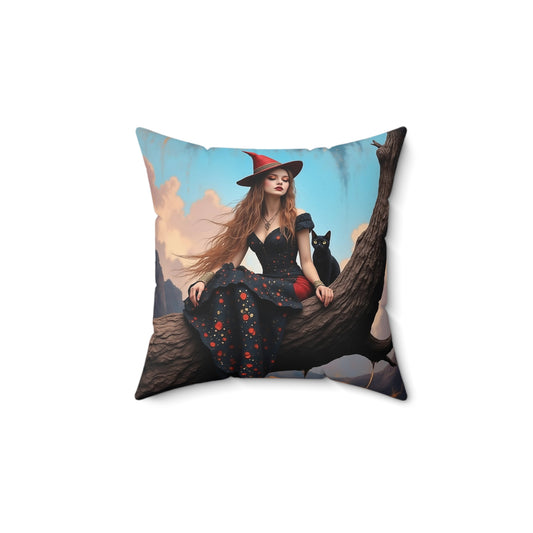 Elegant witch with black cat   Square Pillow - by Fairyhill Studio