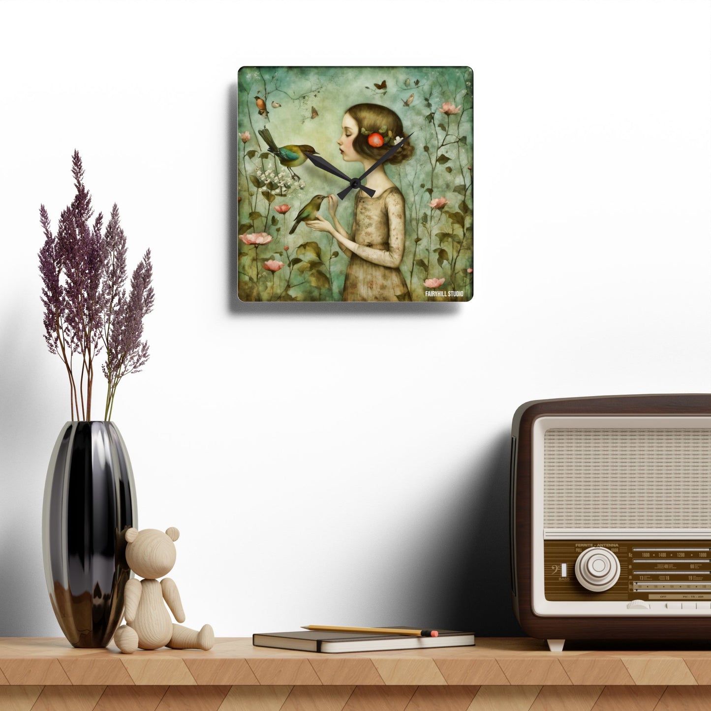 Acrylic Wall Clock - Meditative Girl with Song Birds Artwork