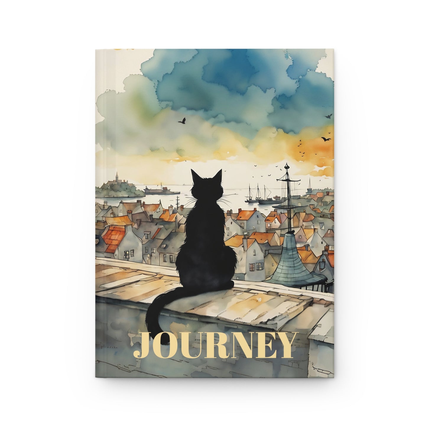 Black cat on a roof top hard cover Journal hard Cover ,Notebook gift art Matte