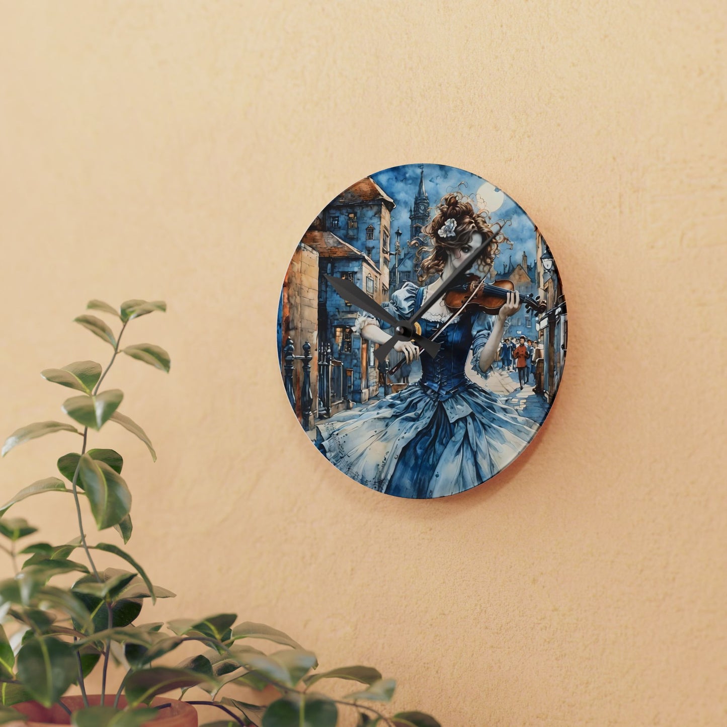 Acrylic Wall Clock - Blue Gypsy with a Violin Art