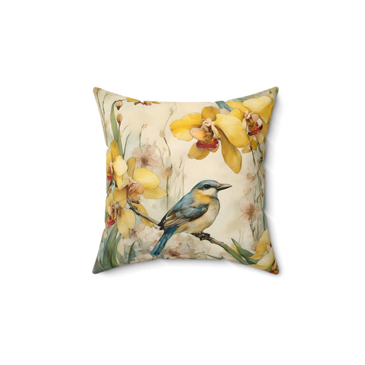 Square Pillow Blue Bird Yellow Flowers Summer Art Throw Pillow