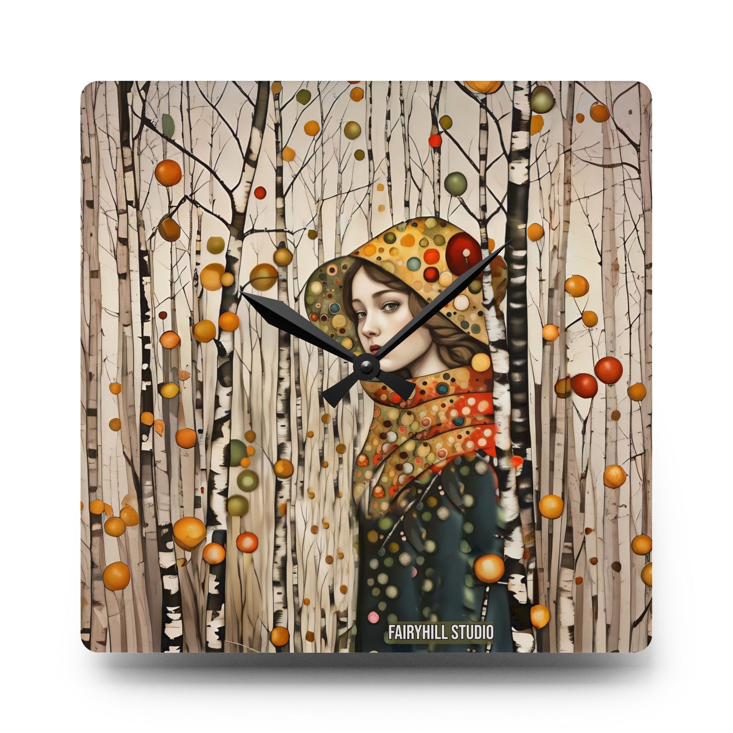 Acrylic Wall Clock - Autumn Girl in Birch Forest Art by Fairyhill Studio