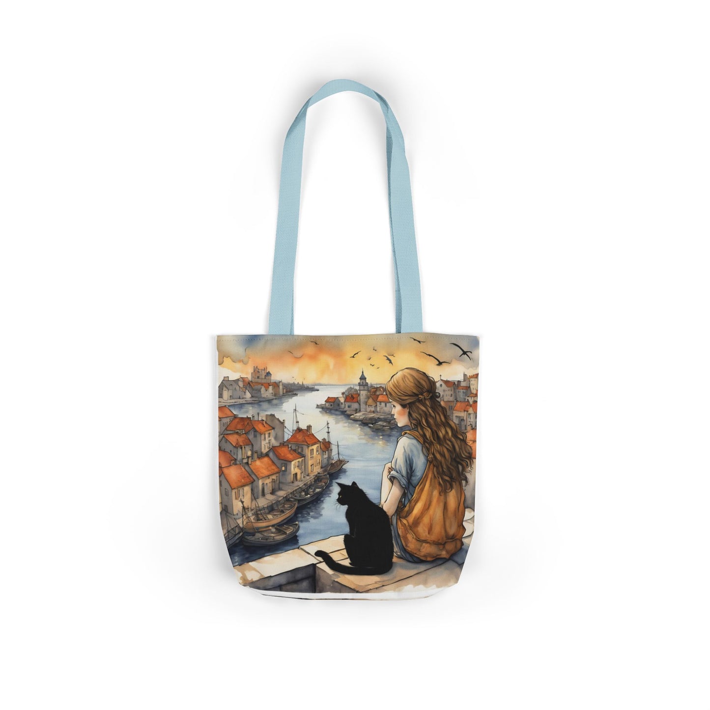 Girl with a Black cat on a roof top FairyHill Studio Red phone- Canvas Tote Bag - Perfect for Beach Days, Eco-Friendly Shopping, and Summer Fun!