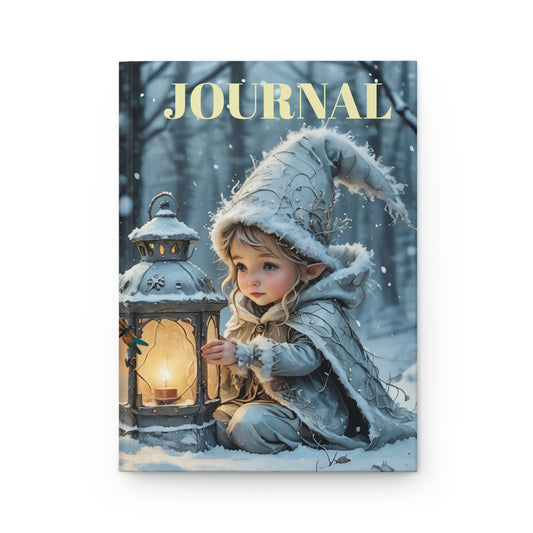 Hardcover Journal Matte - Cute Elf Fairy Art with Dragonfly Lantern in Winter Snow - Magical Holiday Design