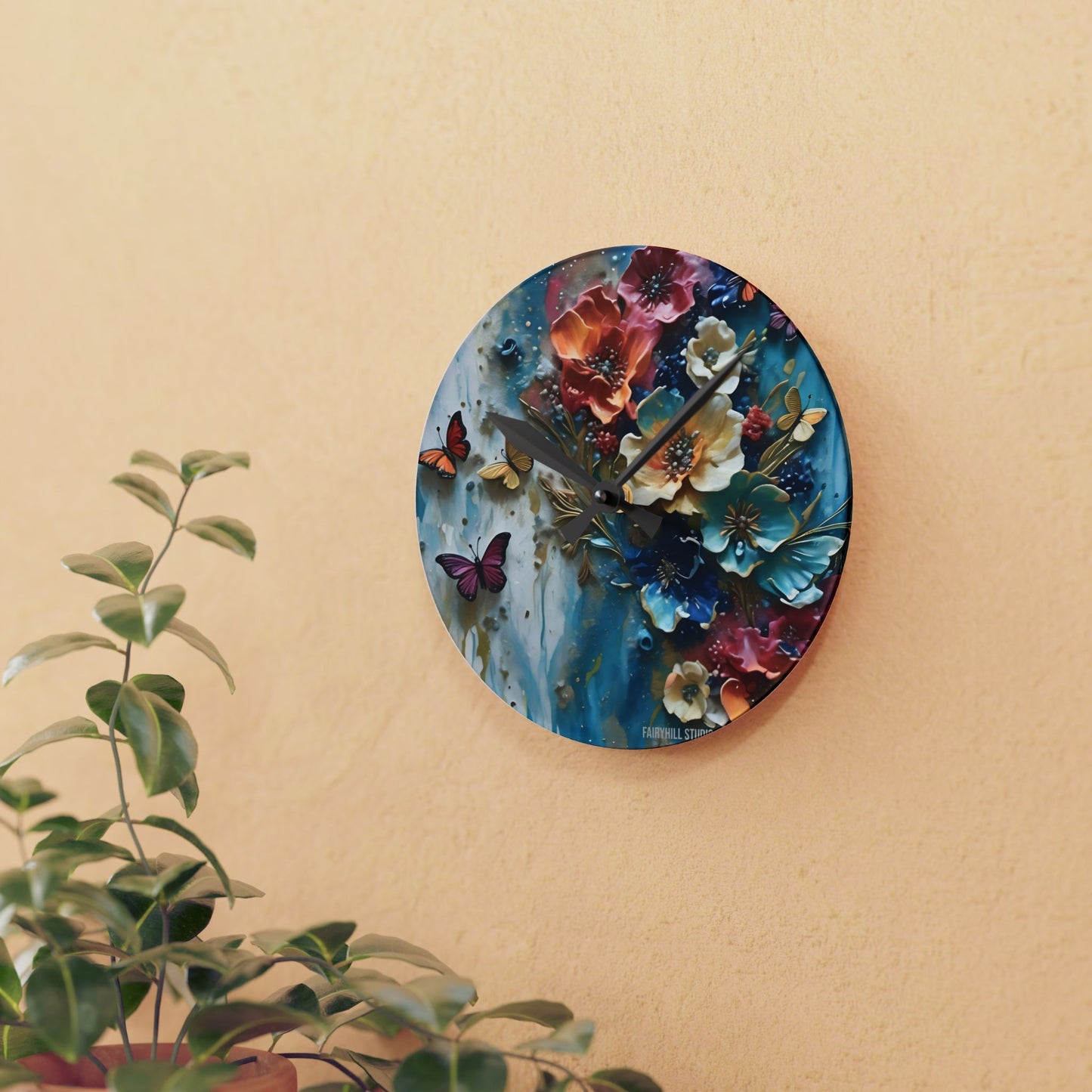 Acrylic Wall Clock - Impasto Flowers