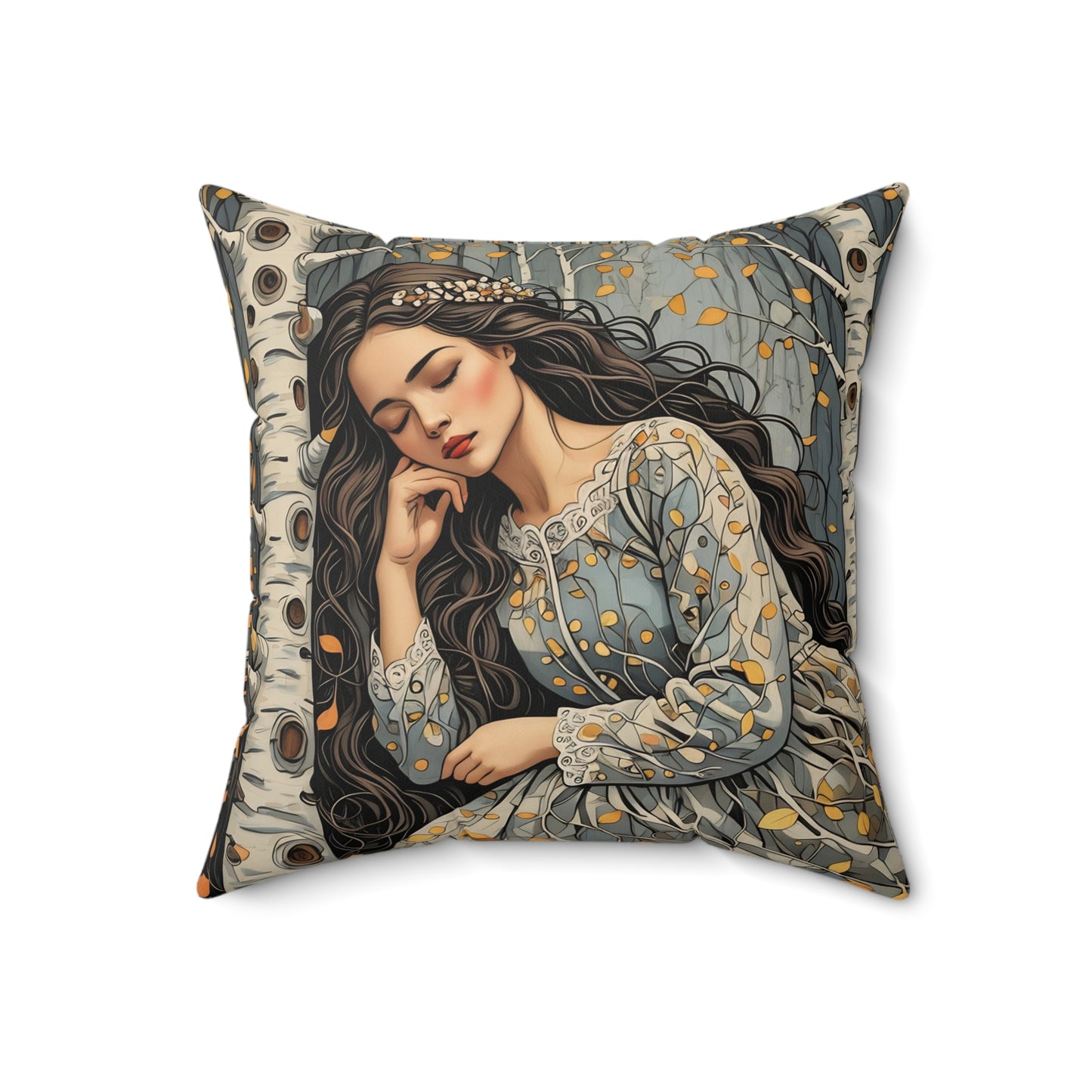 Square Pillow - Sleeping Beauty of the Birch Forest Fairy Hill Studio Art Design