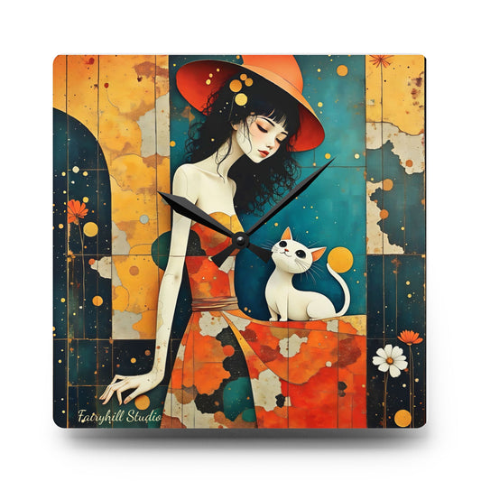 Witch with white cat Acrylic Wall Clock