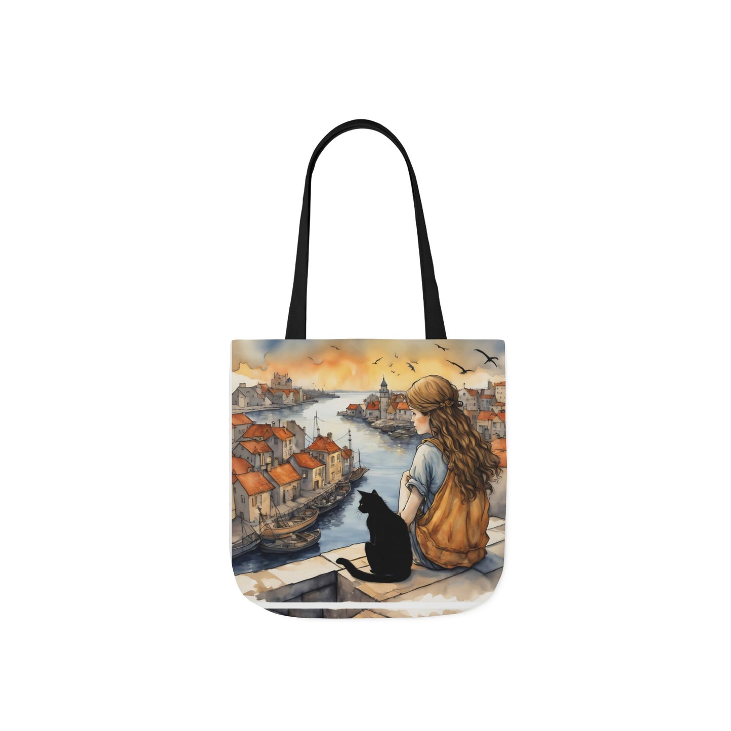 Girl with a Black cat on a roof top FairyHill Studio Red phone- Canvas Tote Bag - Perfect for Beach Days, Eco-Friendly Shopping, and Summer Fun!