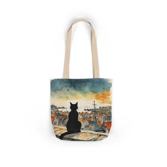 Black cat on a roof top  FairyHill Studio Red phone- Canvas Tote Bag - Perfect for Beach Days, Eco-Friendly Shopping, and Summer Fun!