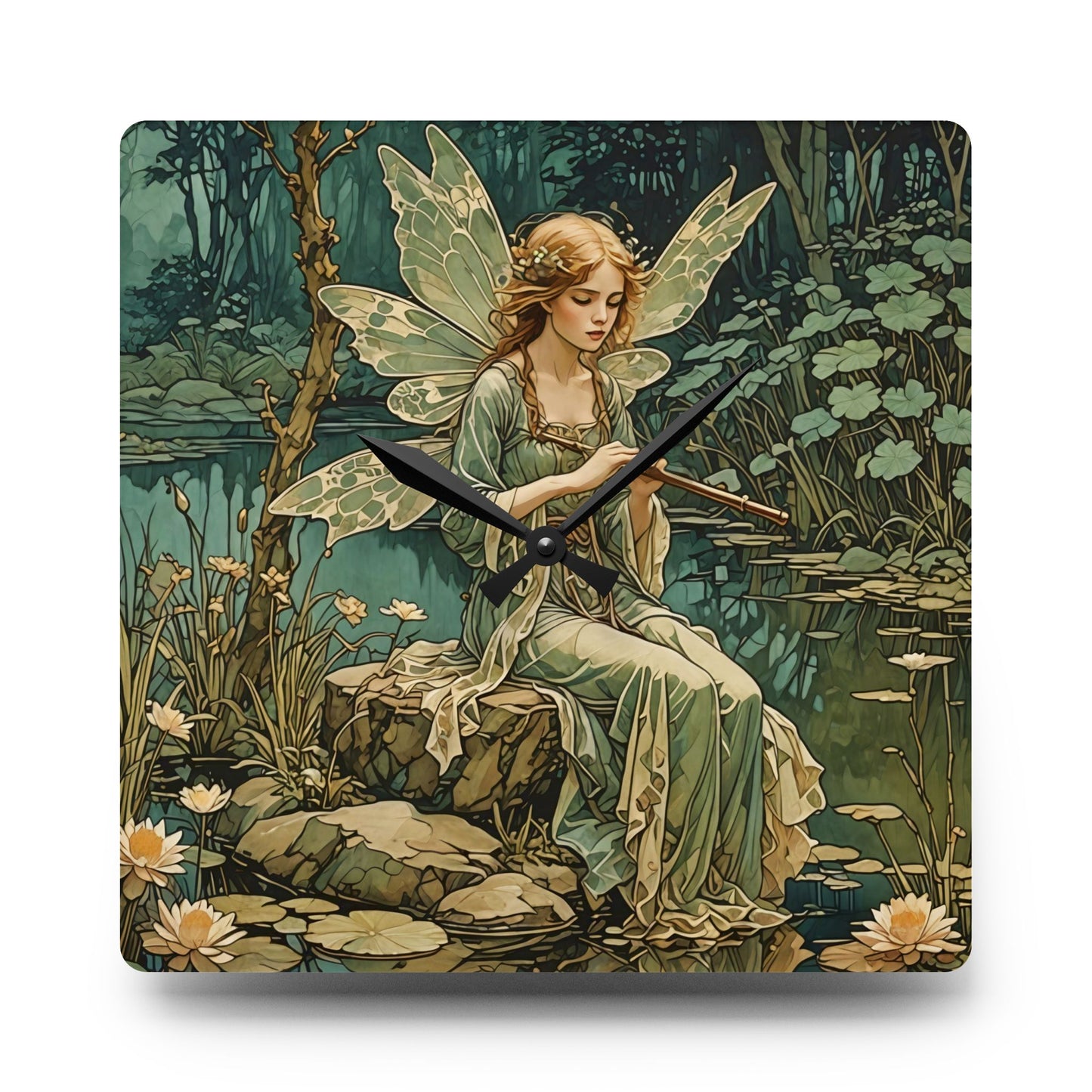 Acrylic Wall Clock - Mystical Fairy Nymph Playing Flute
