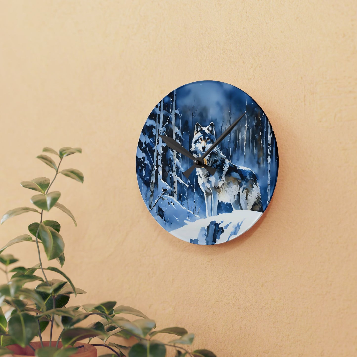Acrylic Wall Clock - Winter Wolf at Night Blue/Black Art by Fairyhill Studio
