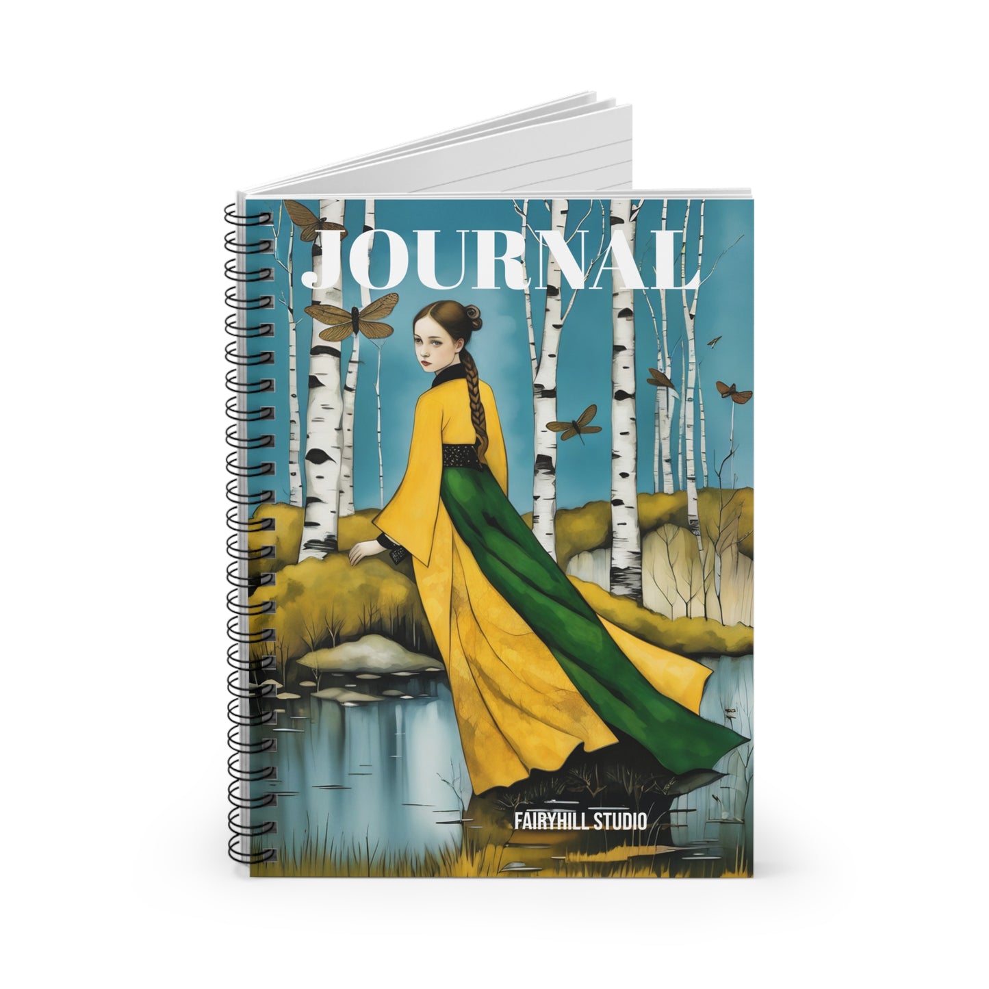 Spiral Notebook - Enchanted Lake birch tree forest and a lake Girl with a Dragonfly
