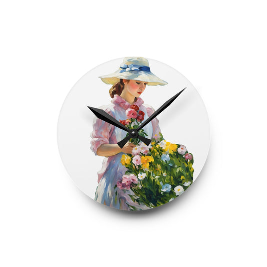 Wall Clock -  Painting of Girl with Flowers