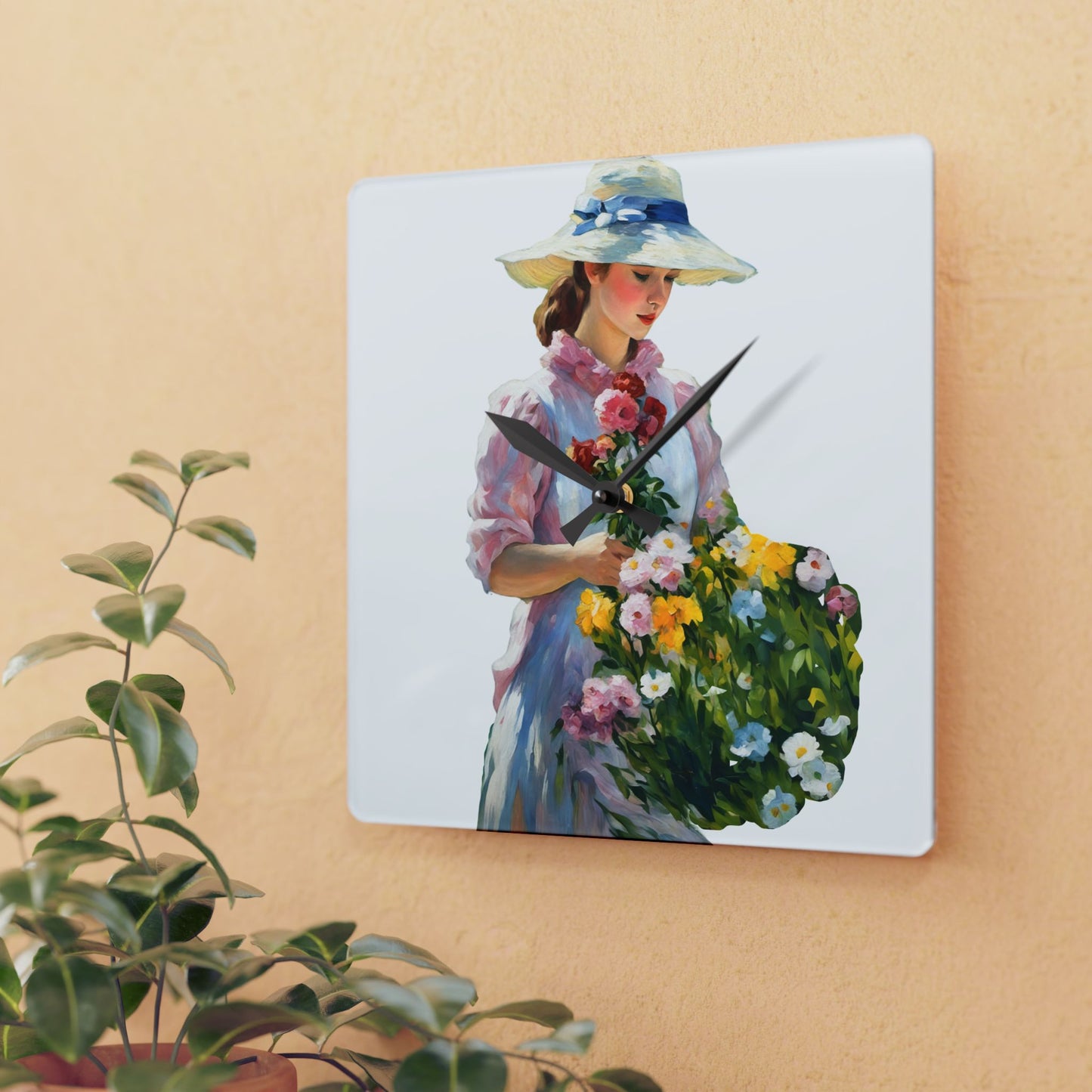 Wall Clock -  Painting of Girl with Flowers