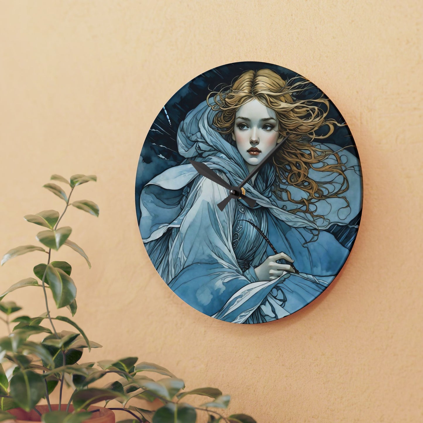 Acrylic Wall Clock Blue fairy with a dragonfly art by Fairyhill studio
