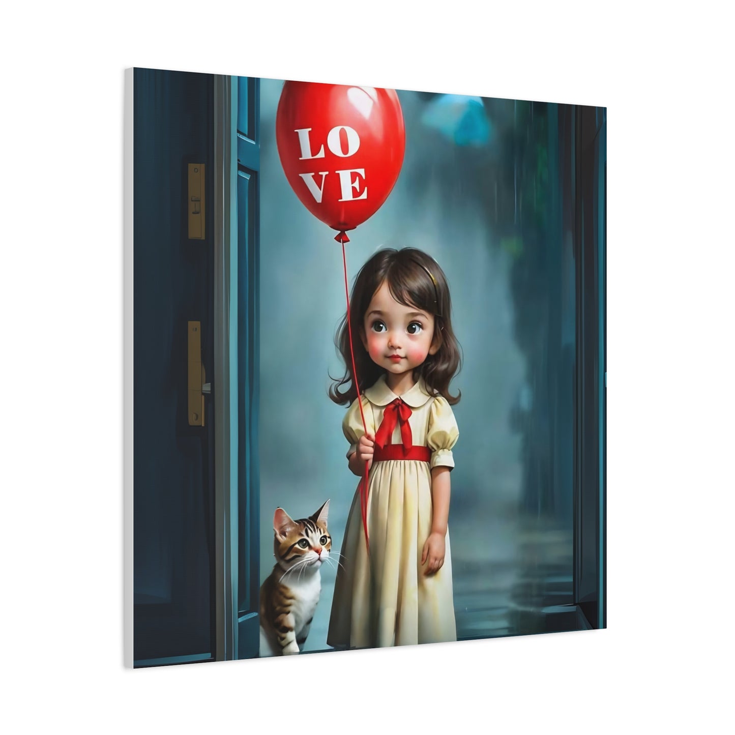 Canvas Print - Cute Girl with Red Love Balloon and Cat Art by Fairyhill Studio