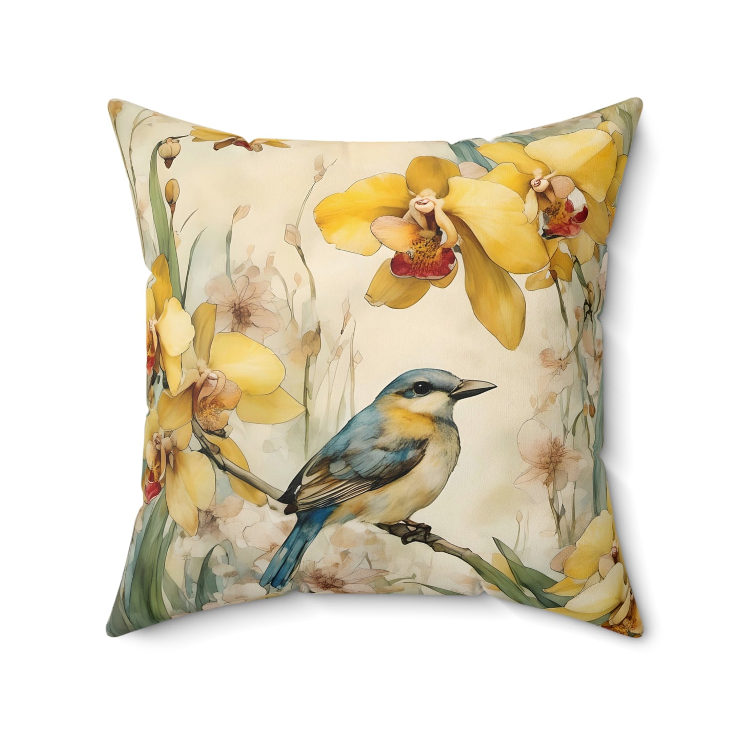 Square Pillow Blue Bird Yellow Flowers Summer Art Throw Pillow