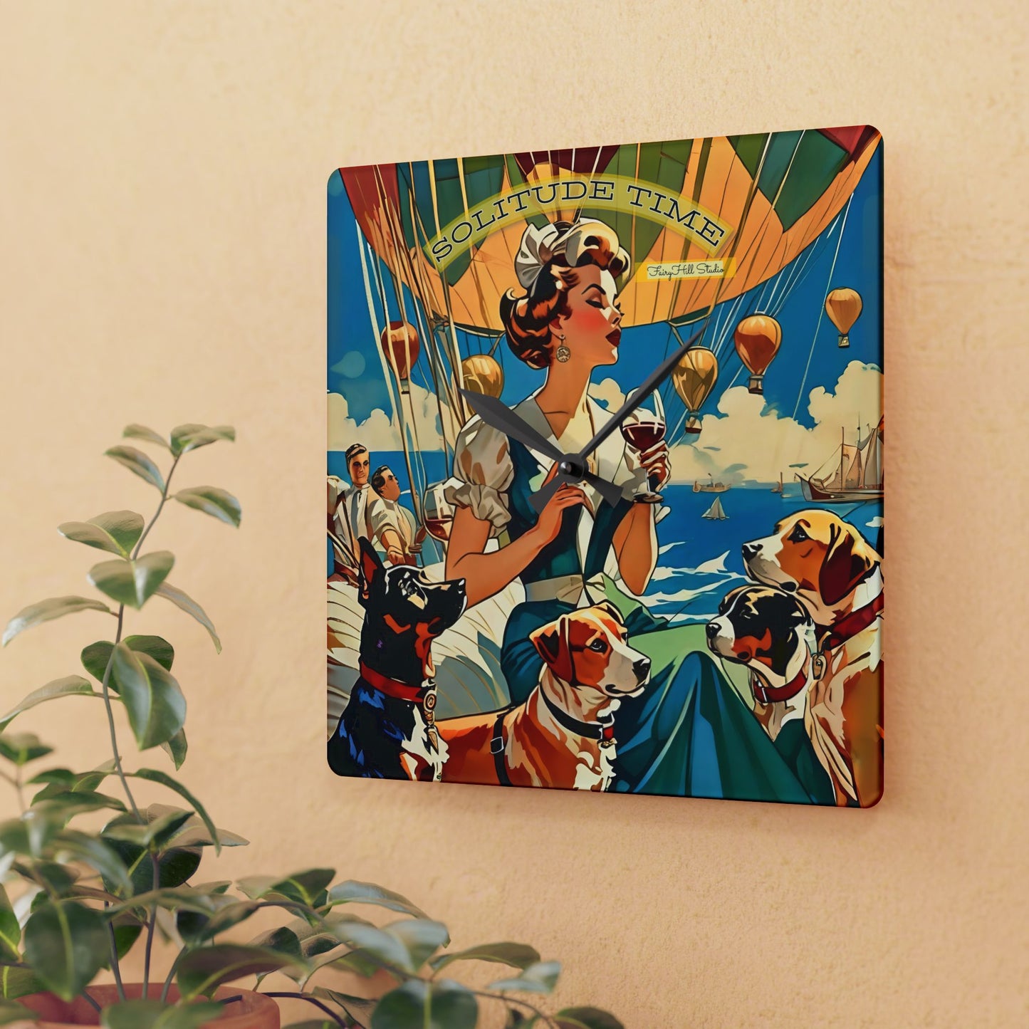 Wall Clock Vintage Nautical Art Woman and Dogs