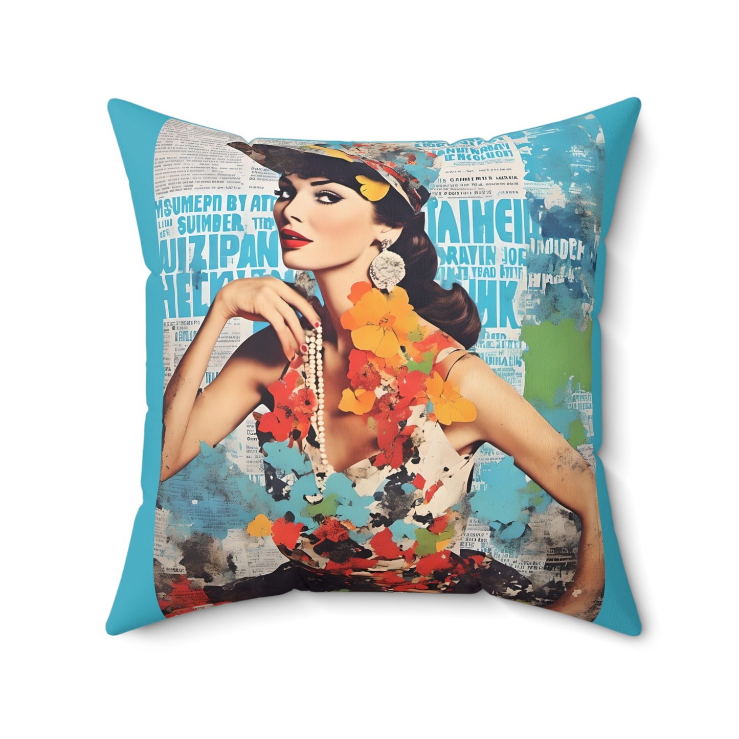 Square Pillow Colorful Fashion Model with Hat Collage Art