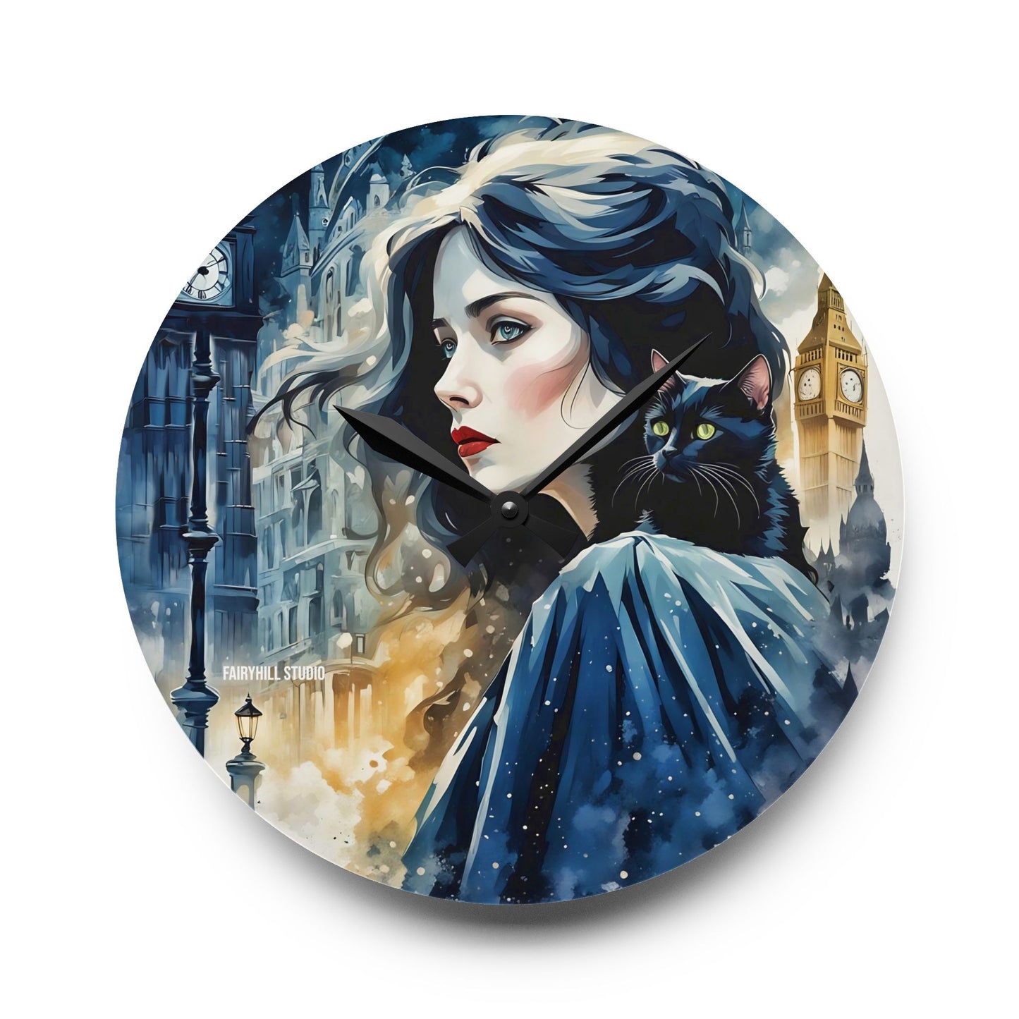 Acrylic Wall Clock - Woman with cat london Art