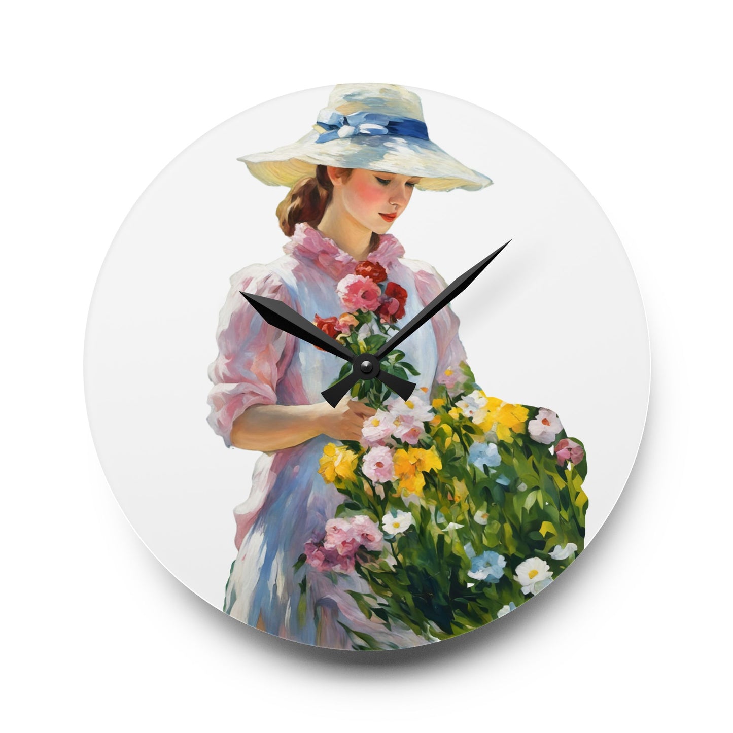 Wall Clock - Painting of Girl with Flowers