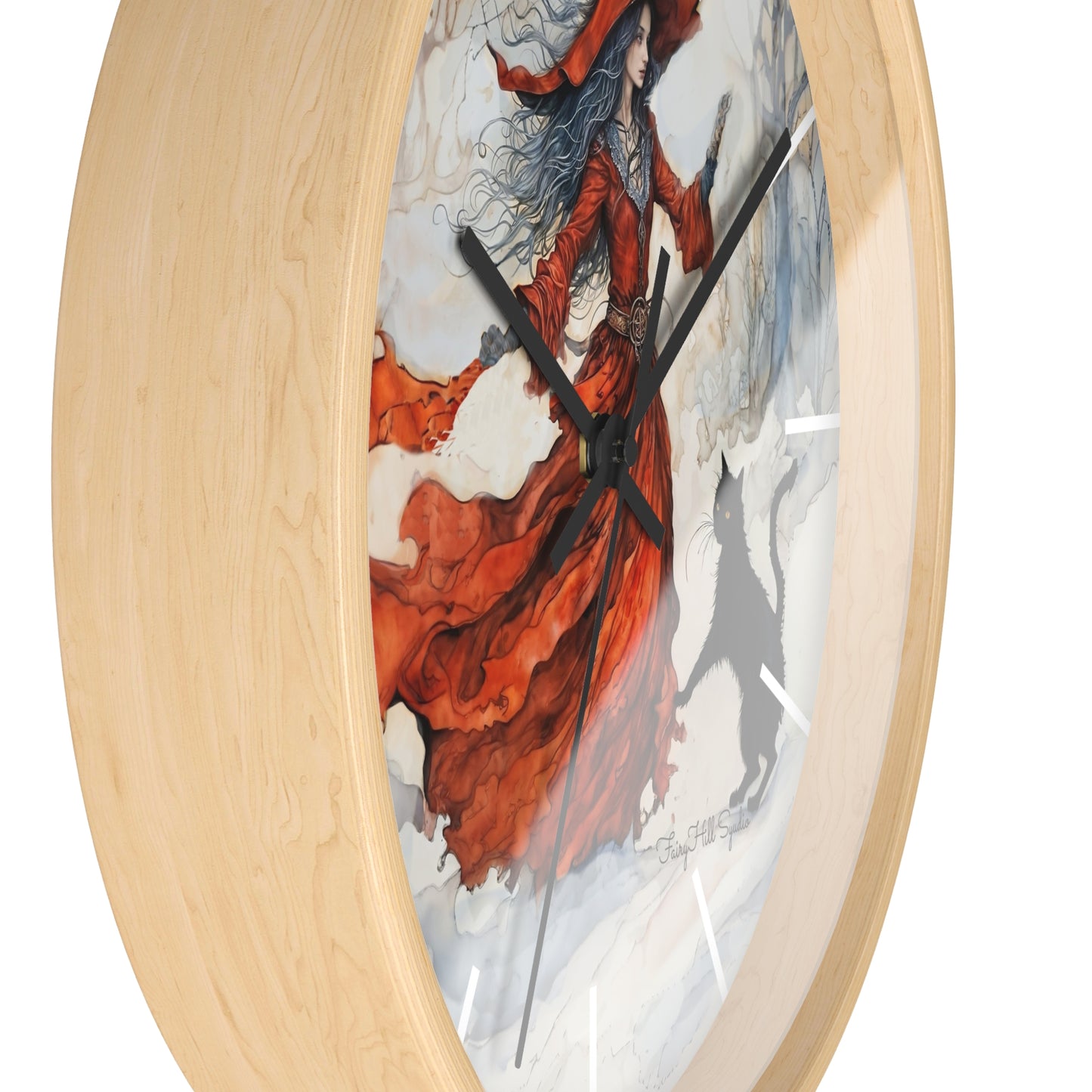 Crimson Witch with black cat Wall Clock, Boho Home Decor, Cat Lover Gift, Cozy Living Room Accessory, Unique Cat Artwork