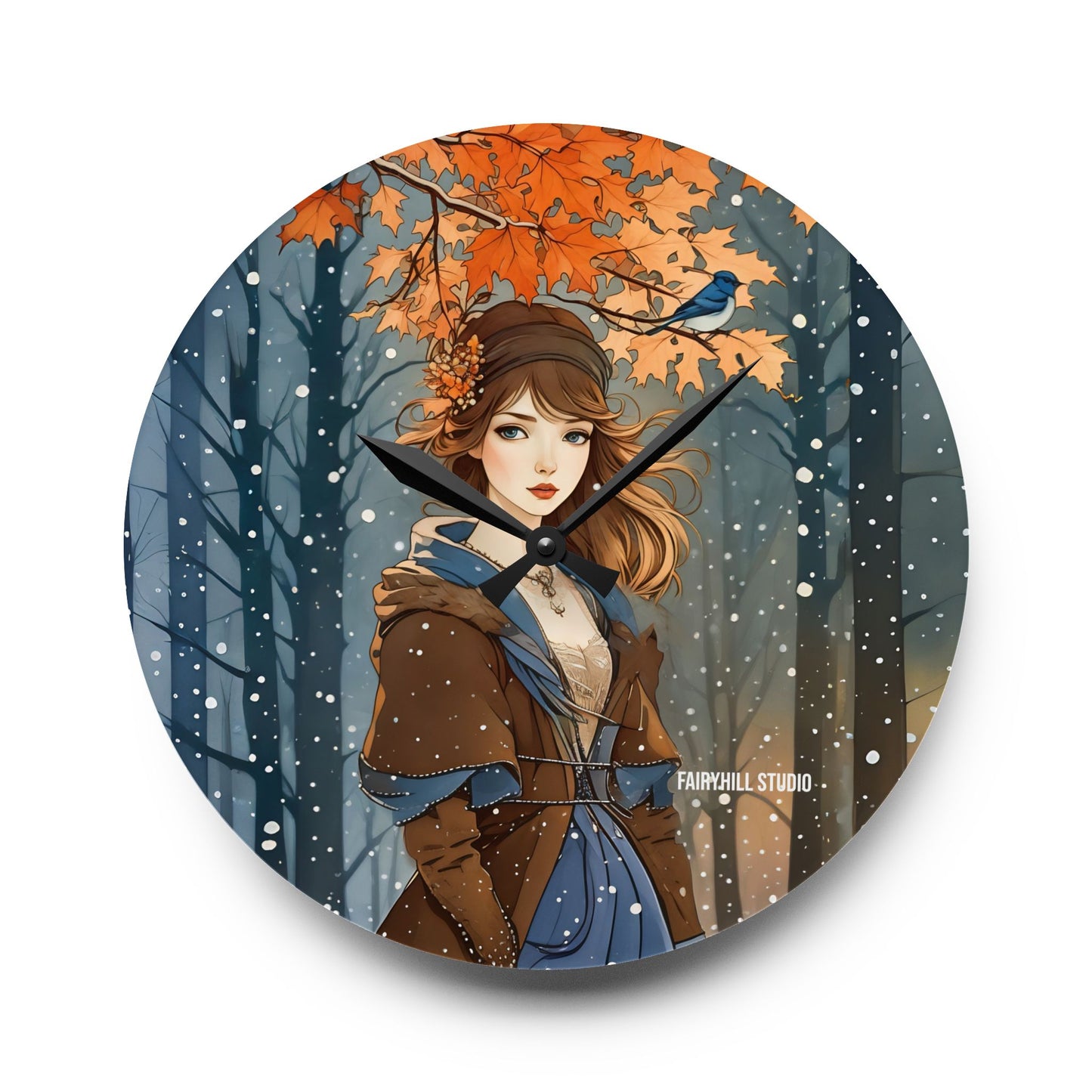 Acrylic Wall Clock - Blue Bird and Girl in Winter Clothing - Autumn to Winter Snow Theme