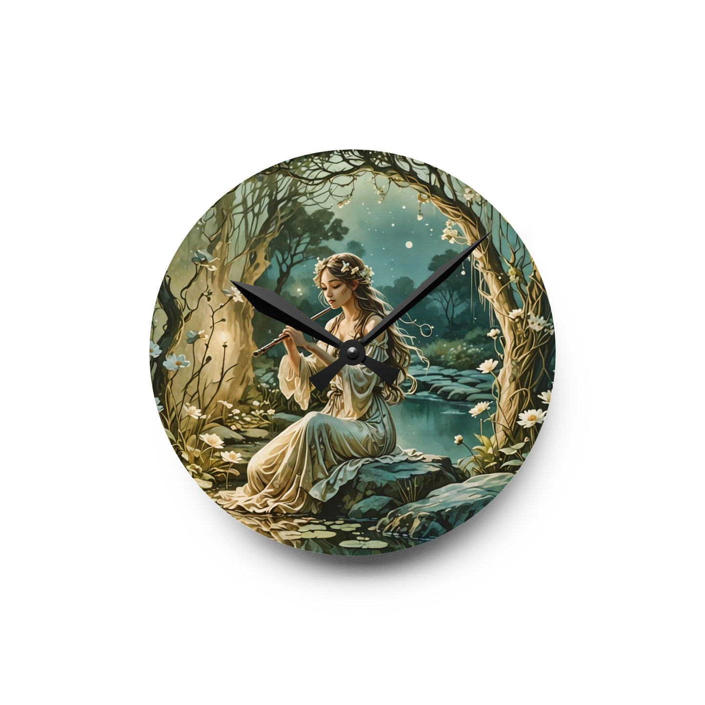 Acrylic Wall Clock - Enchanting Fairy Nymph Playing Flute by River