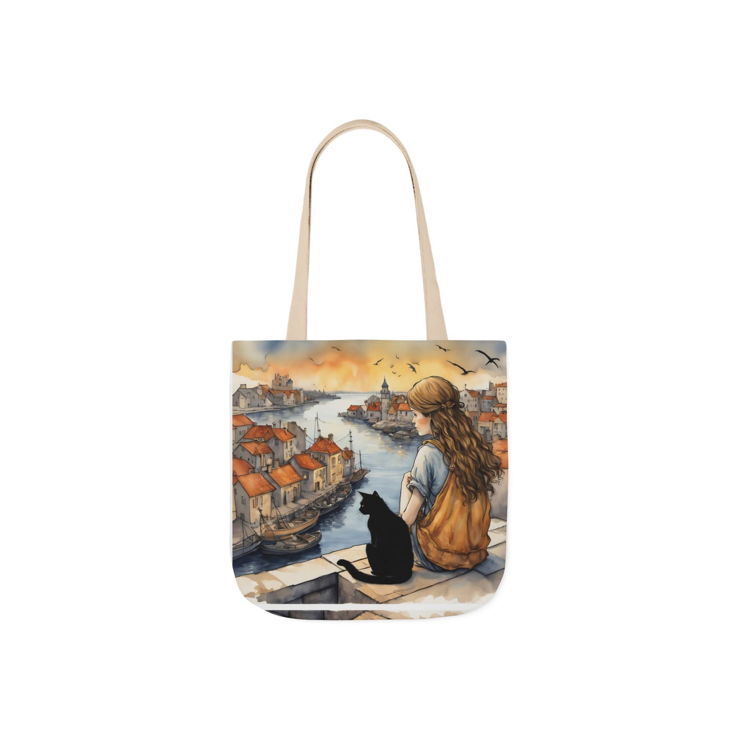 Girl with a Black cat on a roof top FairyHill Studio Red phone- Canvas Tote Bag - Perfect for Beach Days, Eco-Friendly Shopping, and Summer Fun!