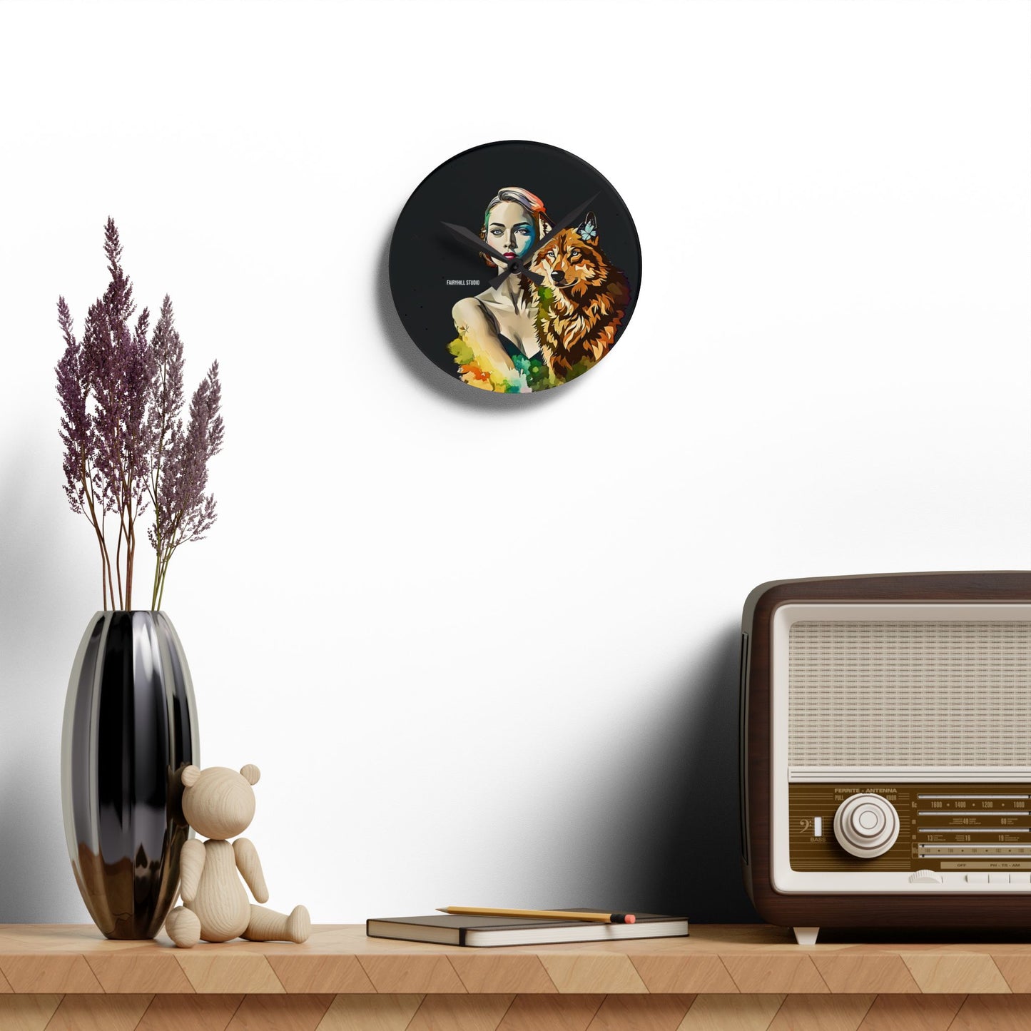 Acrylic Wall Clock -Girl withSpirit Animal Wolf/Art