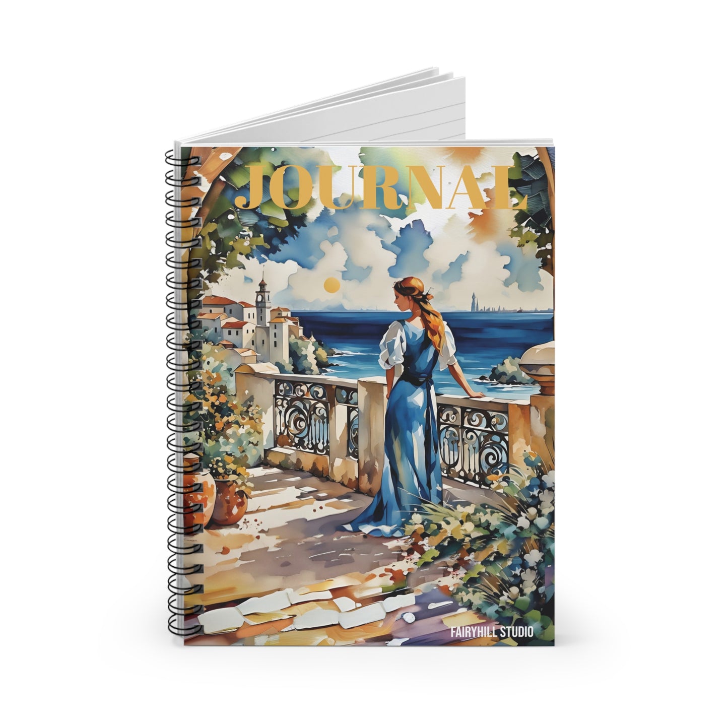 Blue Dress Spiral Notebook - Ruled Line Mediterranean Balcony Watercolor Art