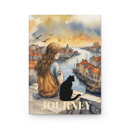 Girl with a Black Cat on a roof top hard cover Journal hard Cover ,Notebook gift art Matte